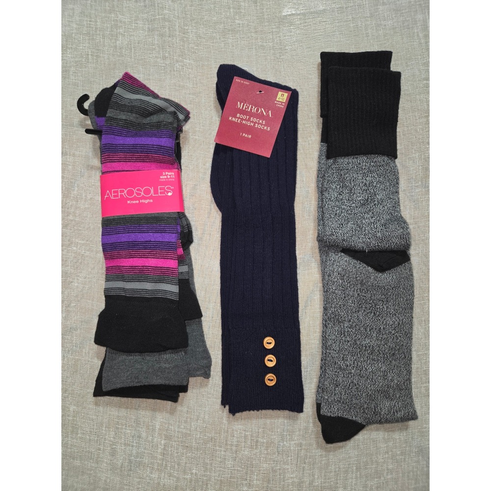 Womens Knee High Boot Socks Bundle Aerosoles Merona Striped Ribbed 5 Pairs